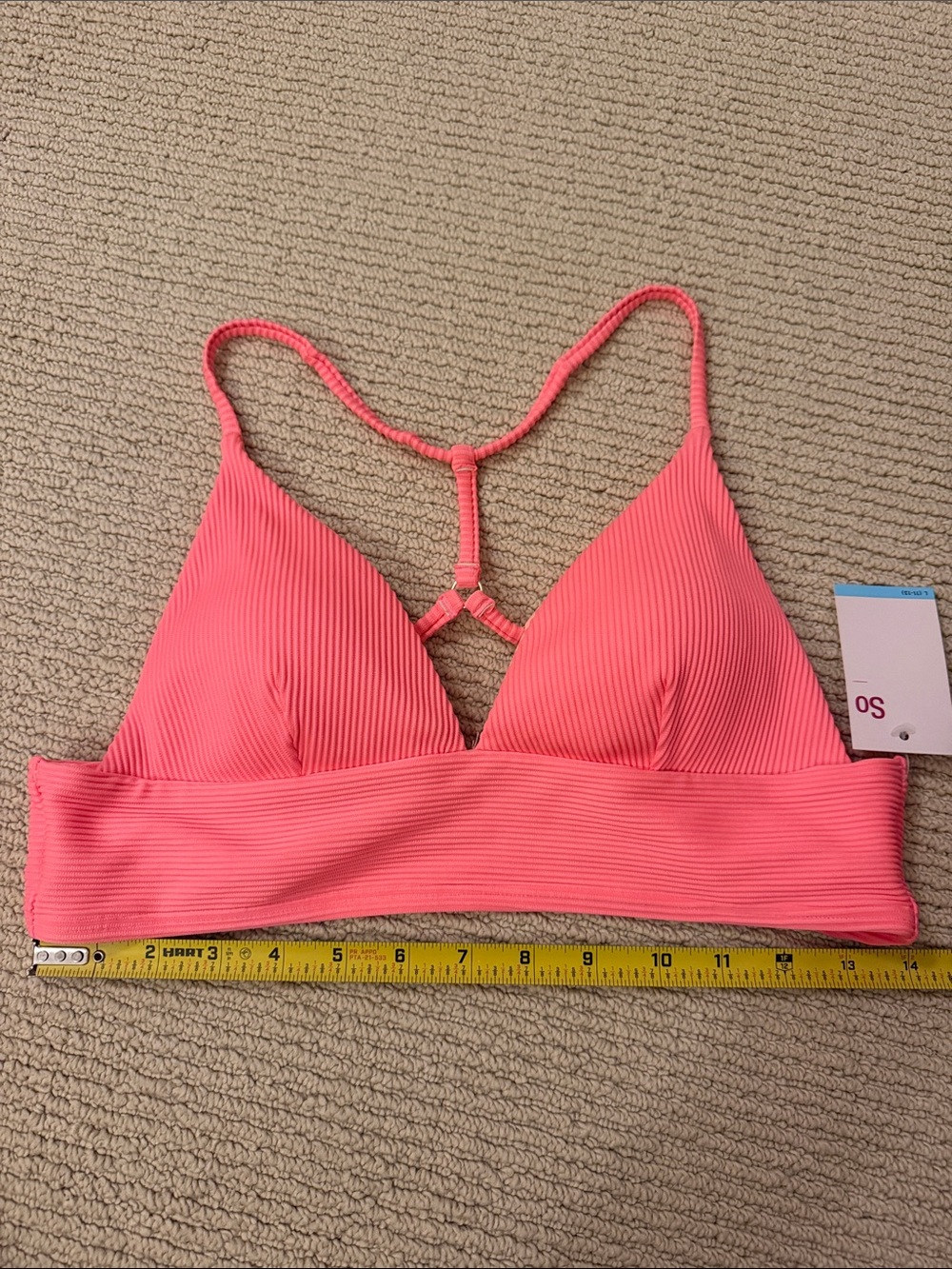 SO brand ribbed longline triangle bikini top in Coral Pink Size L Juniors - Picture 2 of 6